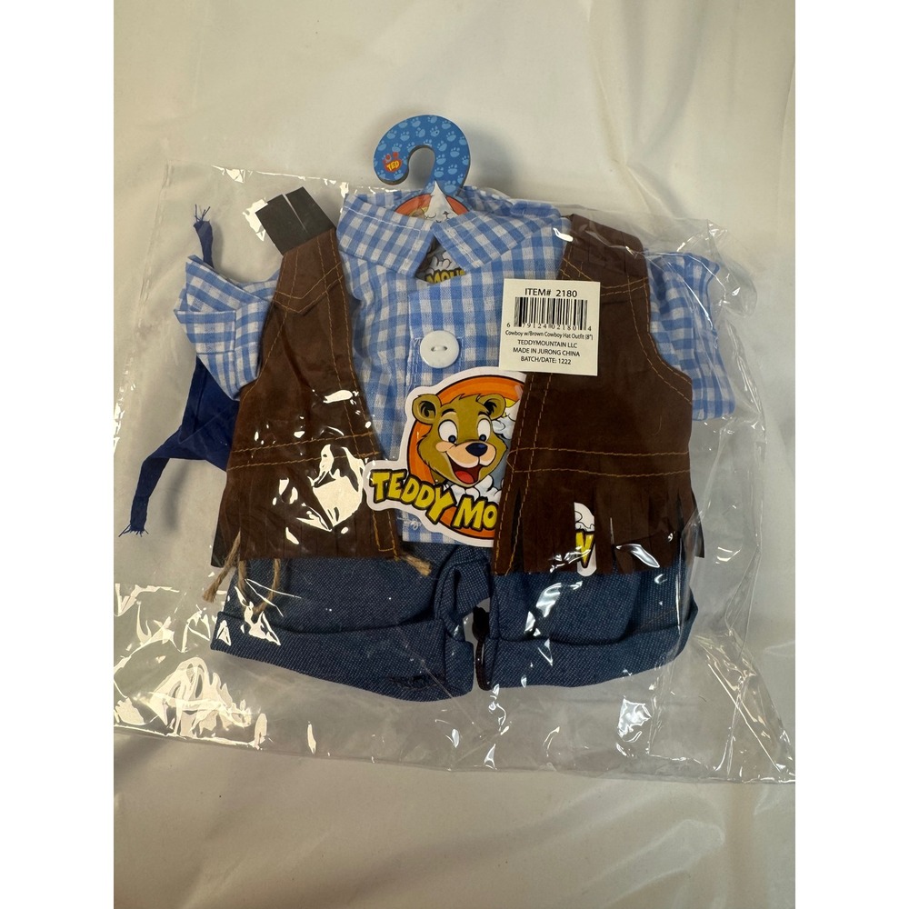 Teddy Mountain 8" Cowboy Plush Outfit Blue Gingham Shirt Brown Vest Hat 2180 - Picture 10 of 12